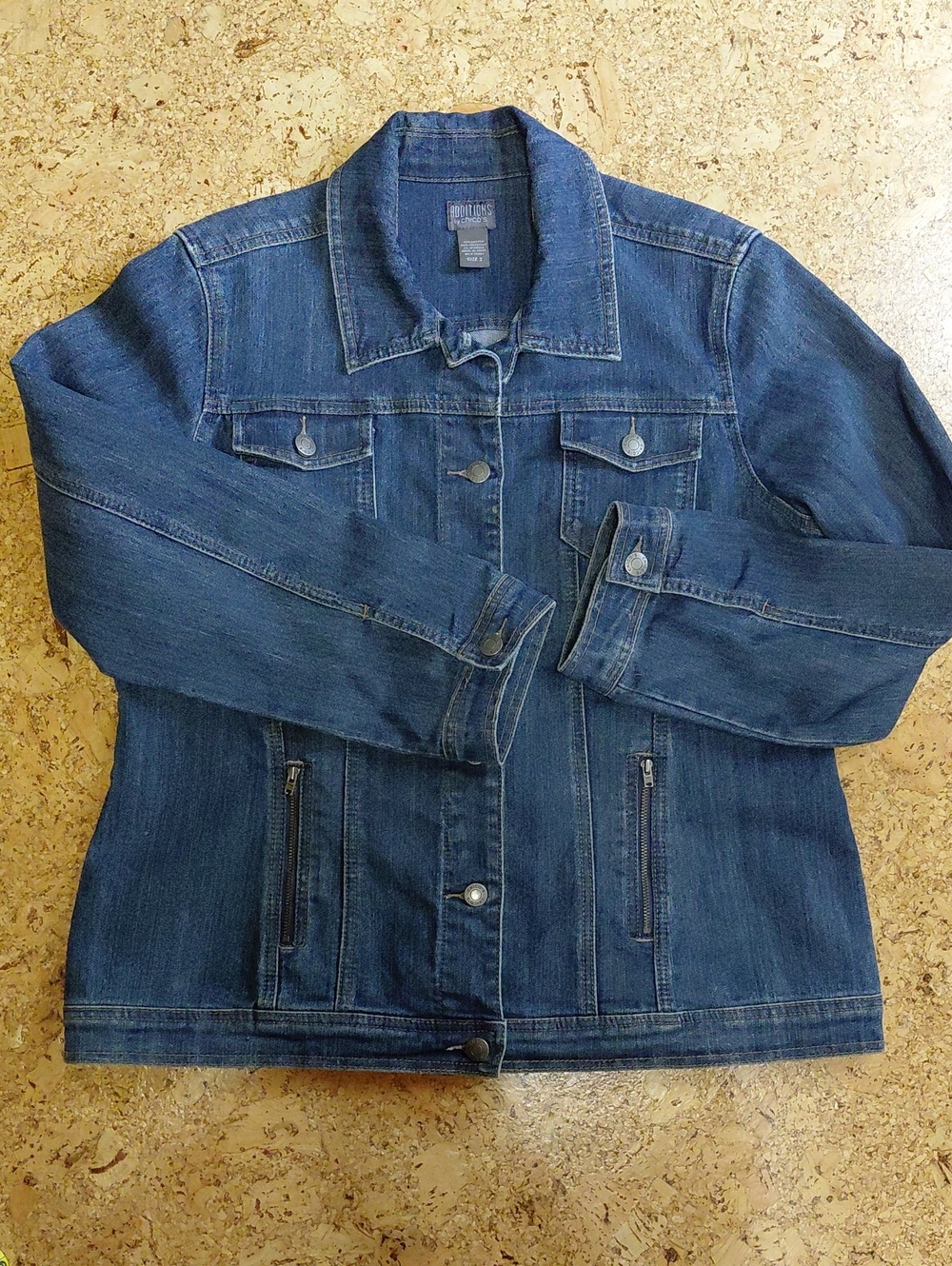 Chico's Women's Dark Blue Denim Jacket W/Front Zip Pockets Size 2 (L)